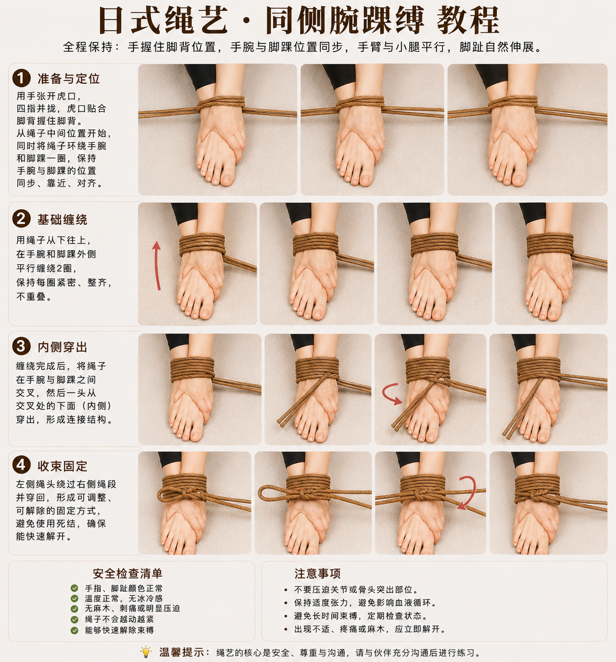 日式绳艺 · 同侧腕踝缚示例图